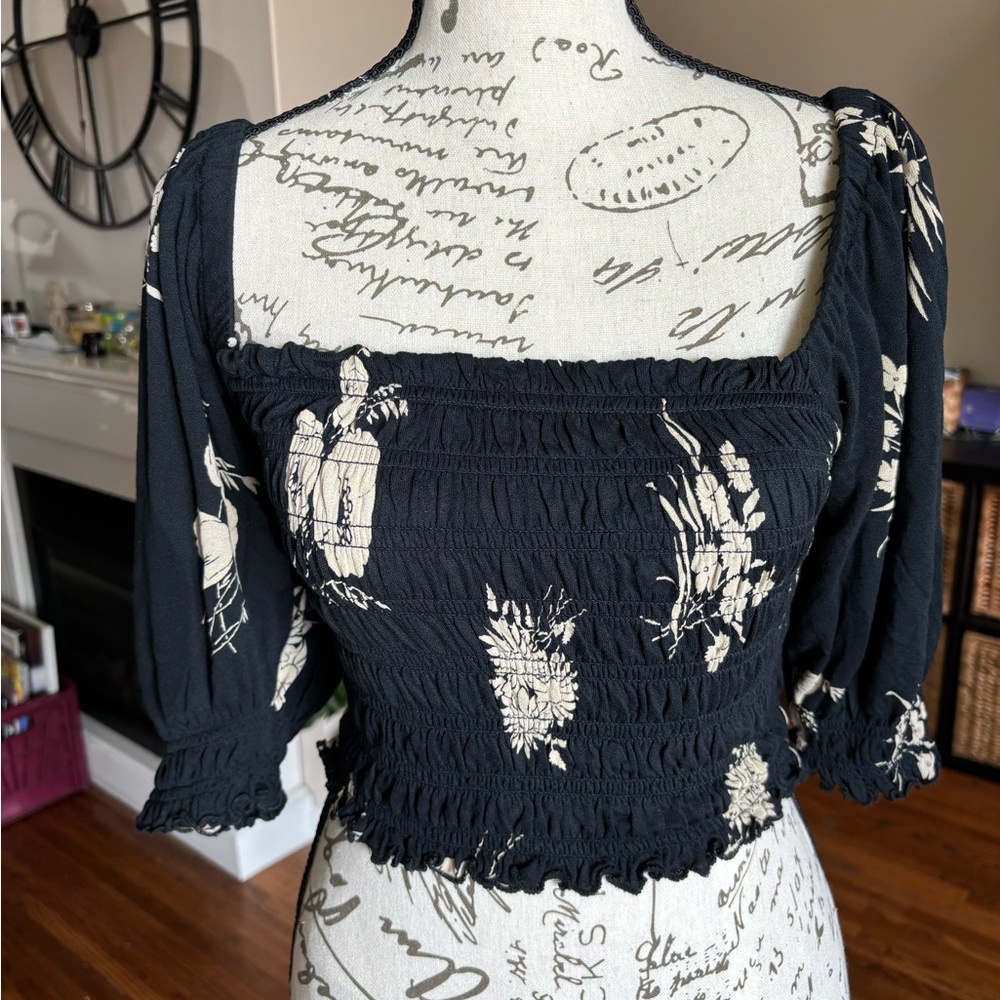 Urban Outfitters Black Smocked Floral Square-Neck Crop Top